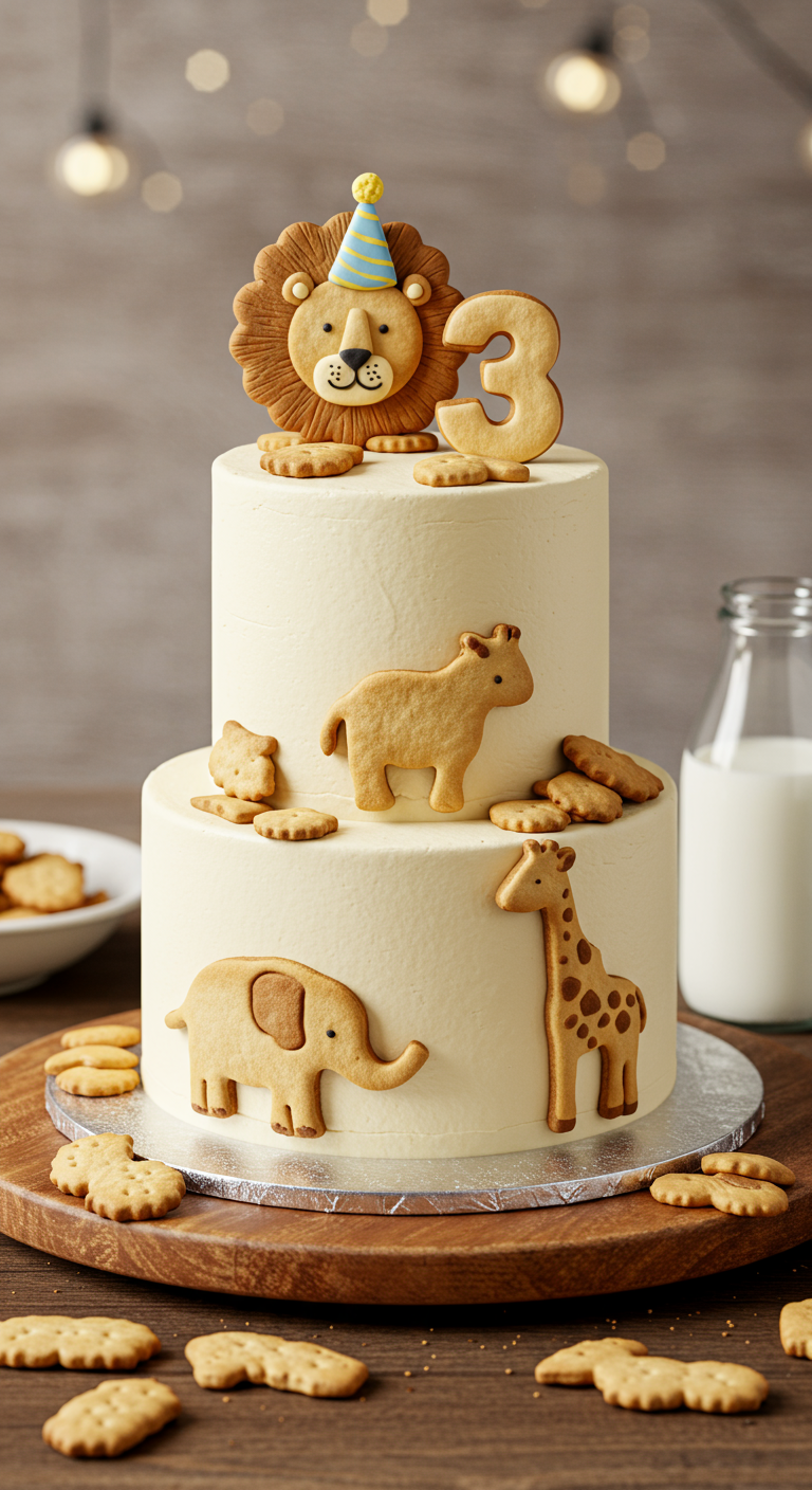 Zweistöckige weiße Torte dekoriert mit Tierkeksen und Löwen-Topper.