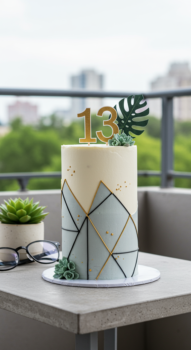 Hohe, zylindrische Torte mit geometrischem Muster in Grün, Weiß und Gold, Sukkulenten-Deko.