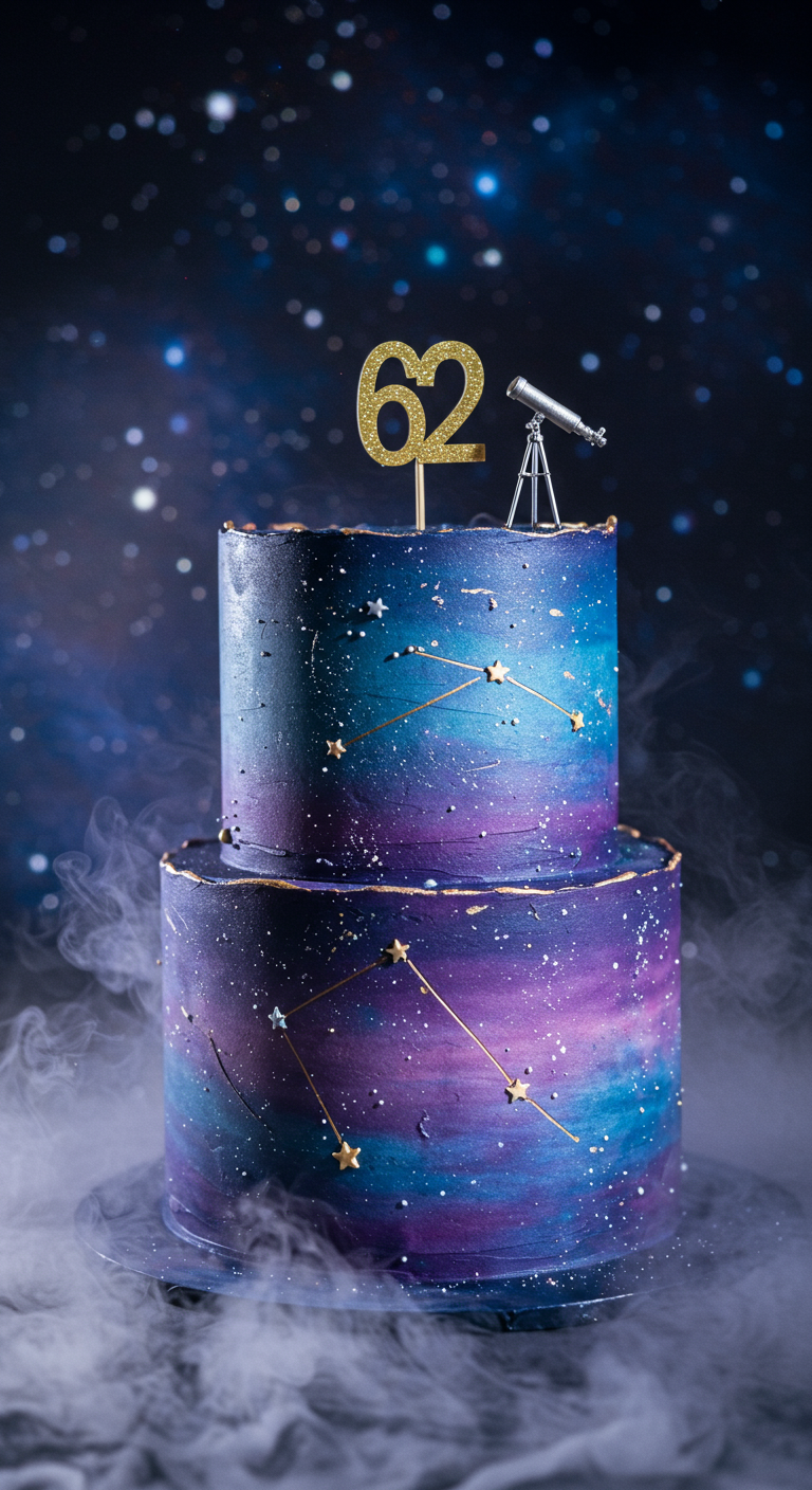 Zweistöckige Torte mit Galaxy-Nebel-Effekt, Sternen und einem Teleskop als Topper.