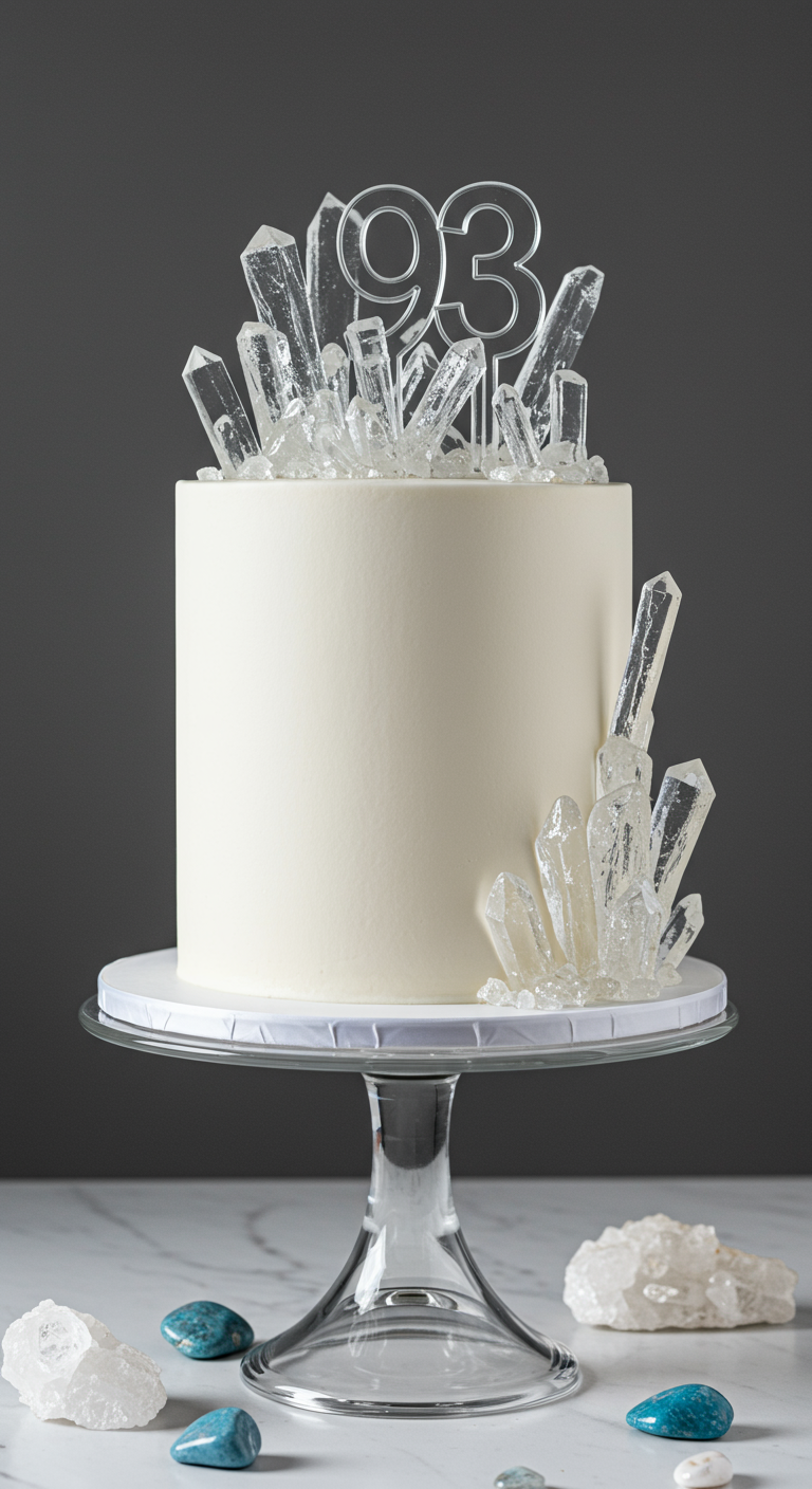 Schlichte weiße Torte, dekoriert mit großen, klaren Zuckerkristallen und einem Kristall-Topper „93“.