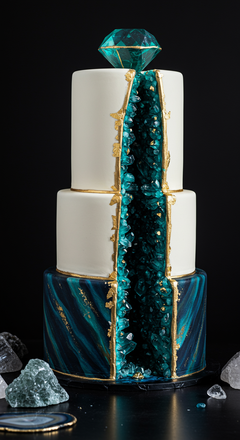 Mehrstöckige Torte mit ausgeschnittener Geode, gefüllt mit blauen Zuckerkristallen und goldenem Rand.