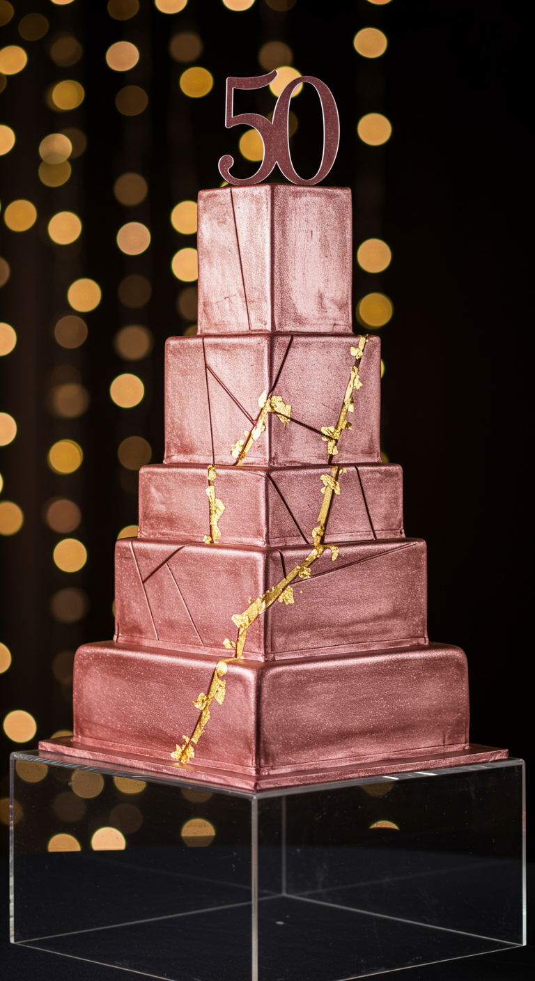 Mehrstöckige, asymmetrische Torte in Kupfer-Roségold mit goldenen Kintsugi-Rissen.