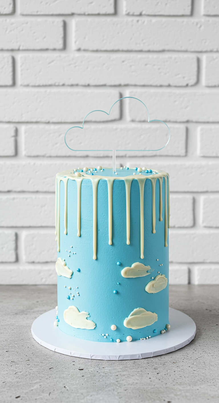 Hellblaue Torte mit weißem Drip, kleinen Wolken und transparentem Wolken-Topper.