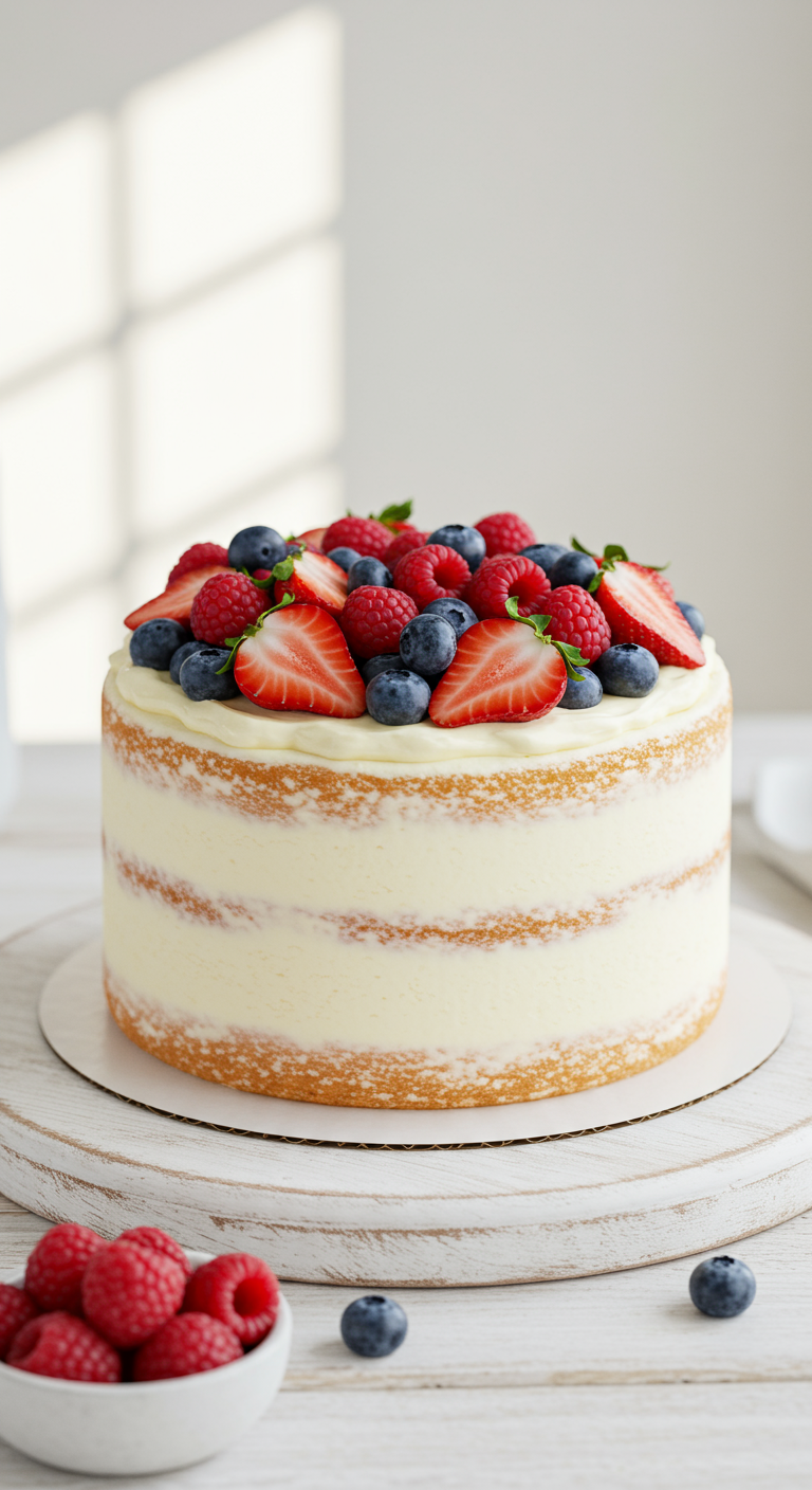 Naked Cake mit sichtbaren Kuchenschichten, Buttercreme-Füllung und frischen Beeren.