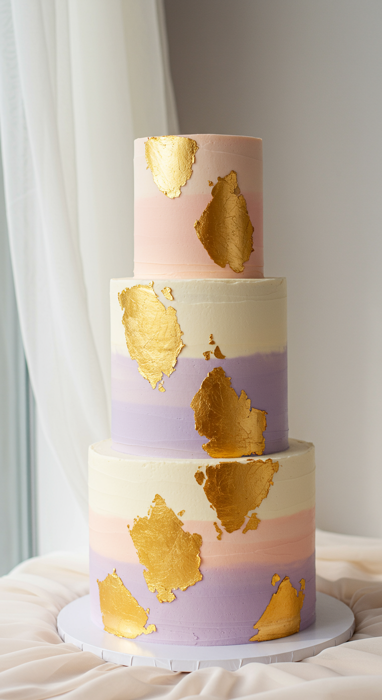 Dreistöckige Torte mit horizontalen Pastellstreifen in Rosa, Lila, Creme und großen Goldblatt-Akzenten.