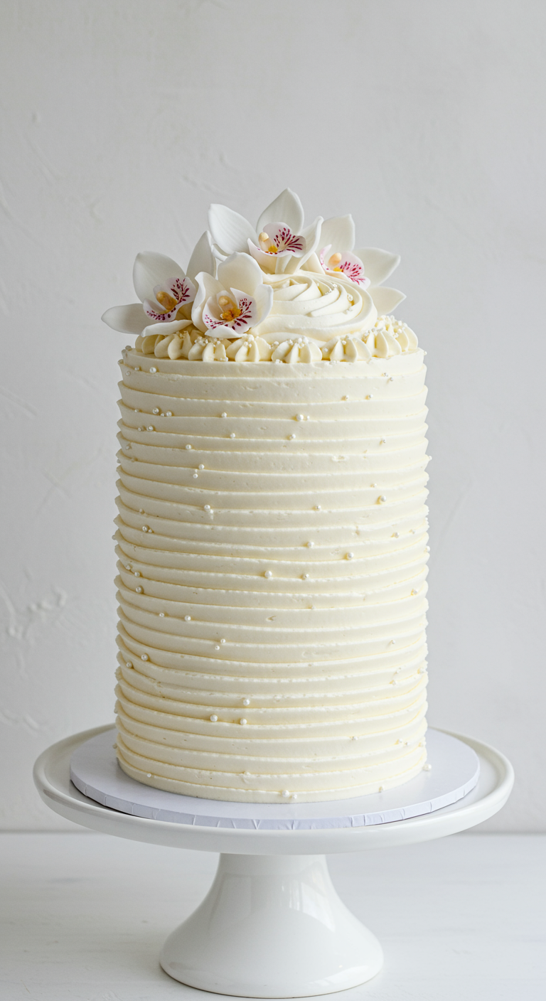 Hohe weiße Buttercremetorte mit horizontalen Rillen und Perlen, getoppt mit Orchideen.