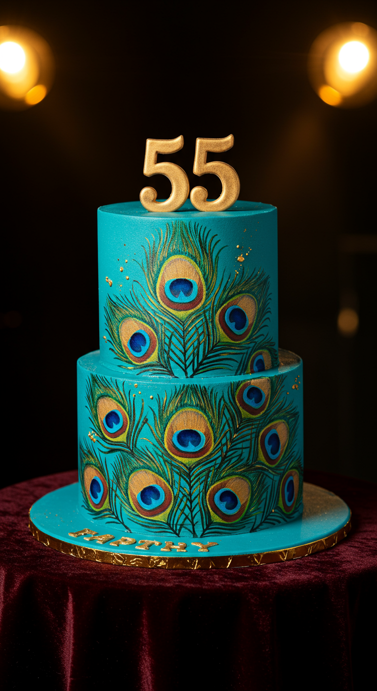 Zweistöckige türkisfarbene Torte mit handgemalten Pfauenfedern und goldenen Akzenten.