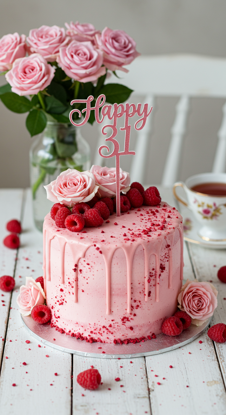 Rosa Torte mit Himbeer-Drip, frischen Himbeeren und Rosen.