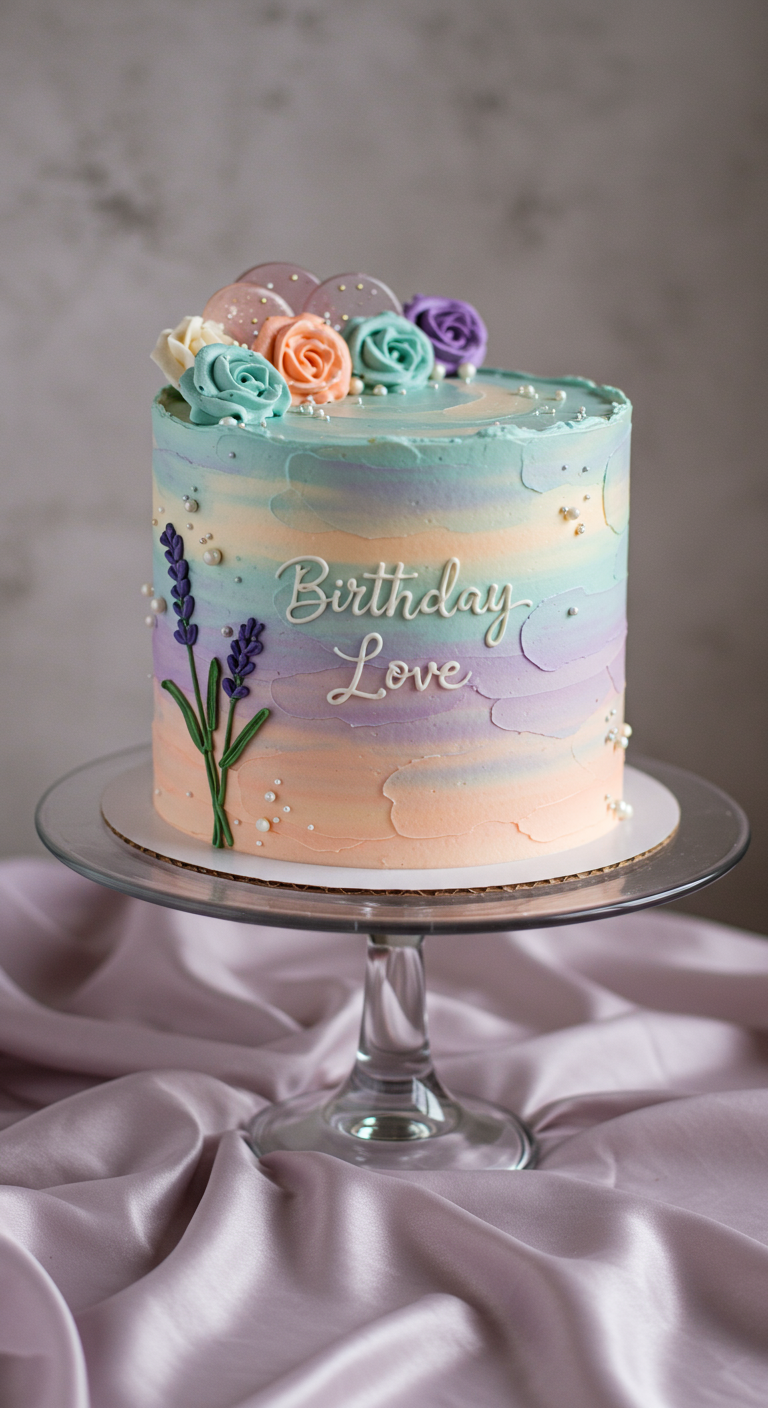 Pastellfarbene Torte mit Regenbogen-Buttercreme, Lavendelzweig und Rosen.