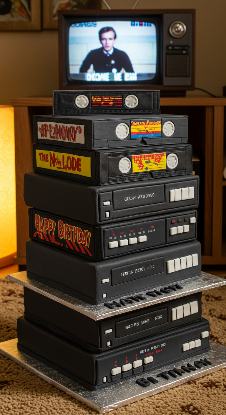 Hohe Torte gestapelt aus VHS-Kassetten und einem Videorekorder, TV im Hintergrund.