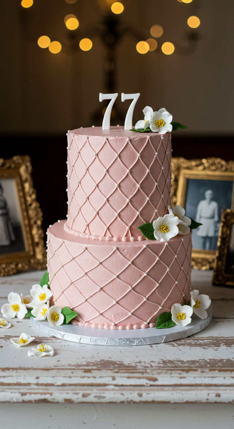 Zweistöckige rosa Torte mit Rautenmuster, Zuckerperlen und weißen Blüten.