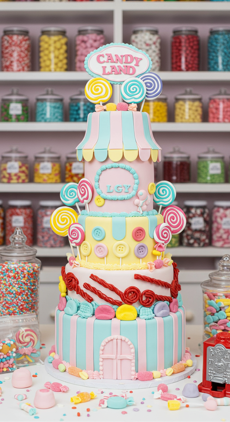Bunte mehrstöckige Torte im Candyland-Stil mit Lutschern, Knöpfen und Süßigkeiten.