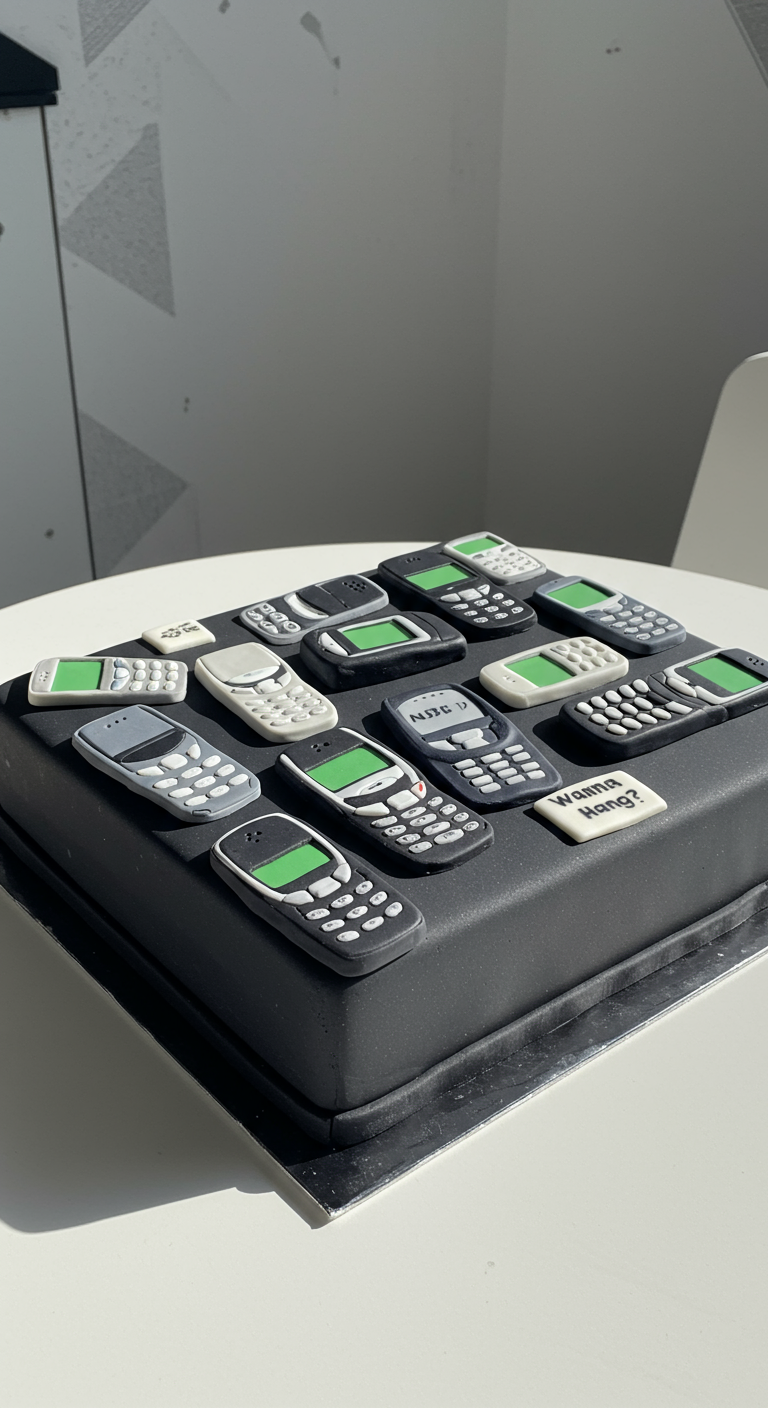 Schwarze quadratische Torte bedeckt mit vielen kleinen Retro-Handys aus Fondant mit grünen Displays
