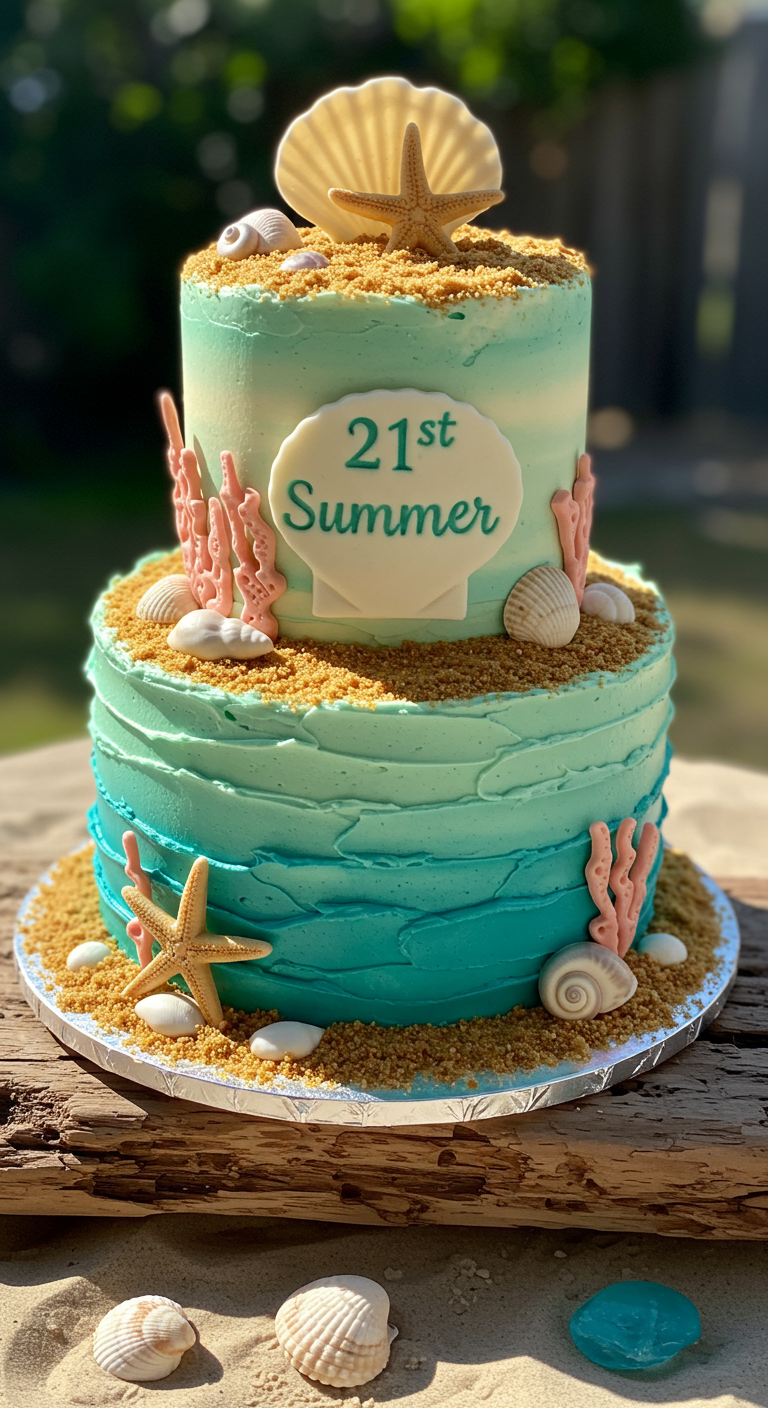 Zweistöckige Torte im Strandlook mit blauem Ombré, Sand und Muscheln.