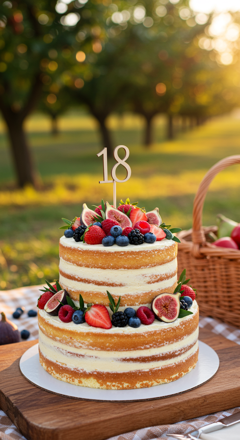 Zweistöckiger Naked Cake mit frischen Beeren, Feigen und