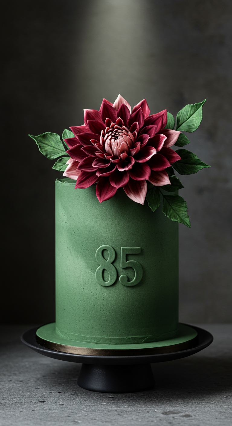 Dunkelgrüne, zylindrische Torte mit einer großen, beeindruckenden dunkelroten Dahlie als Topper.