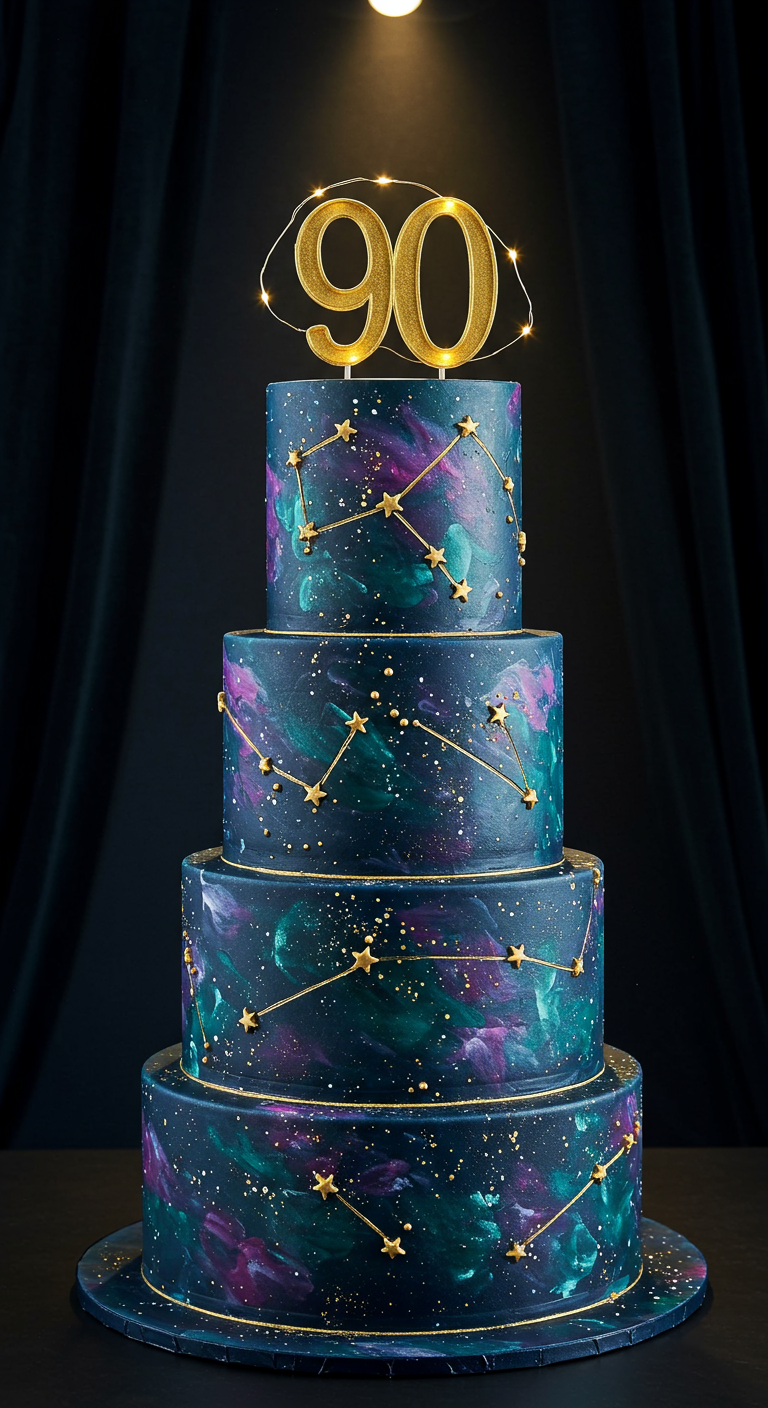 Mehrstöckige dunkelblaue Galaxie-Torte mit goldenen Sternbildern und leuchtendem 90er Topper.
