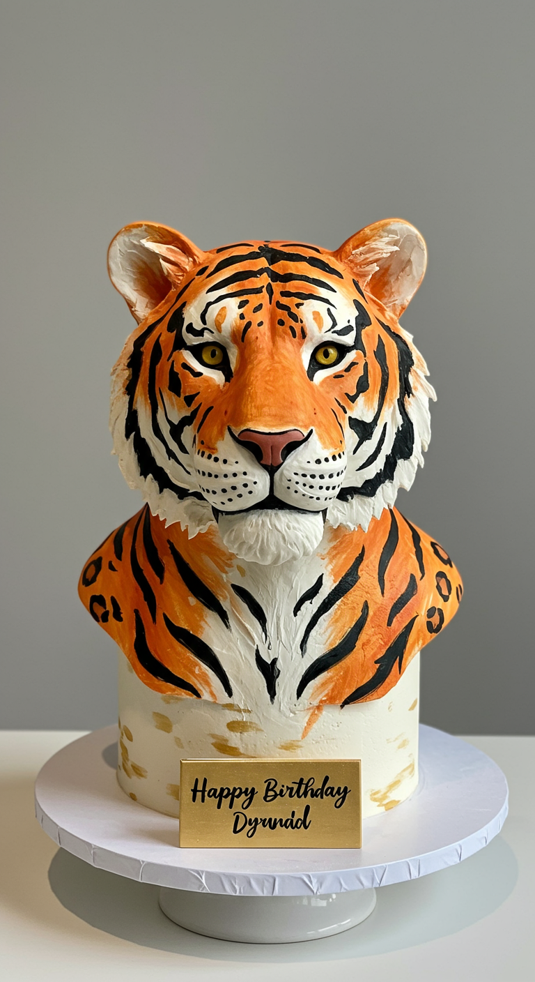 Realistisch geformter Tigerkopf als Torte mit detaillierter Bemalung.