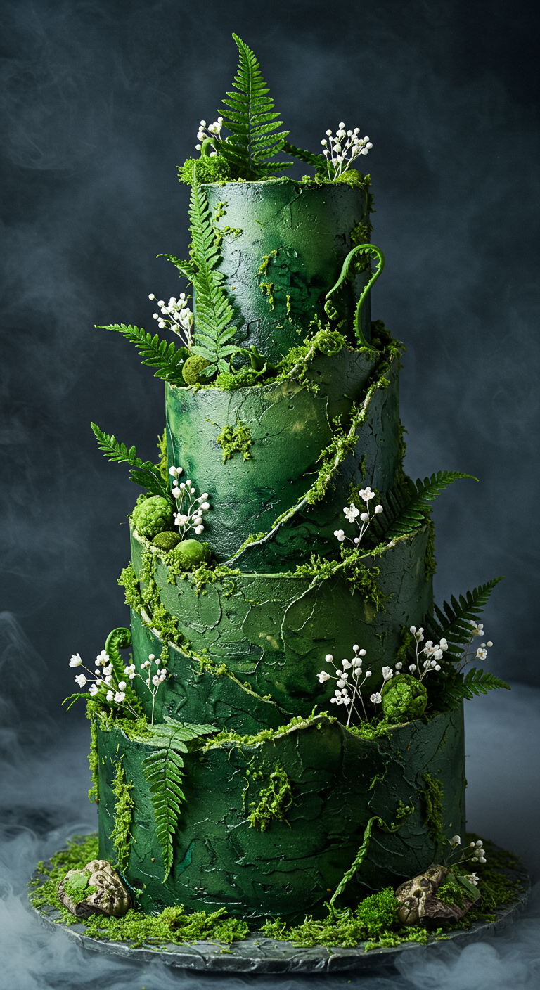 Mehrstöckige, dunkelgrüne Torte mit rauer Textur, dekoriert mit Farnen und kleinen weißen Blüten.
