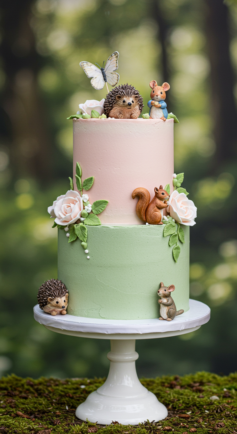 Zweistöckige Torte in Rosa und Mint mit Igel-, Eichhörnchen- und Mausfiguren sowie Zuckerblumen.