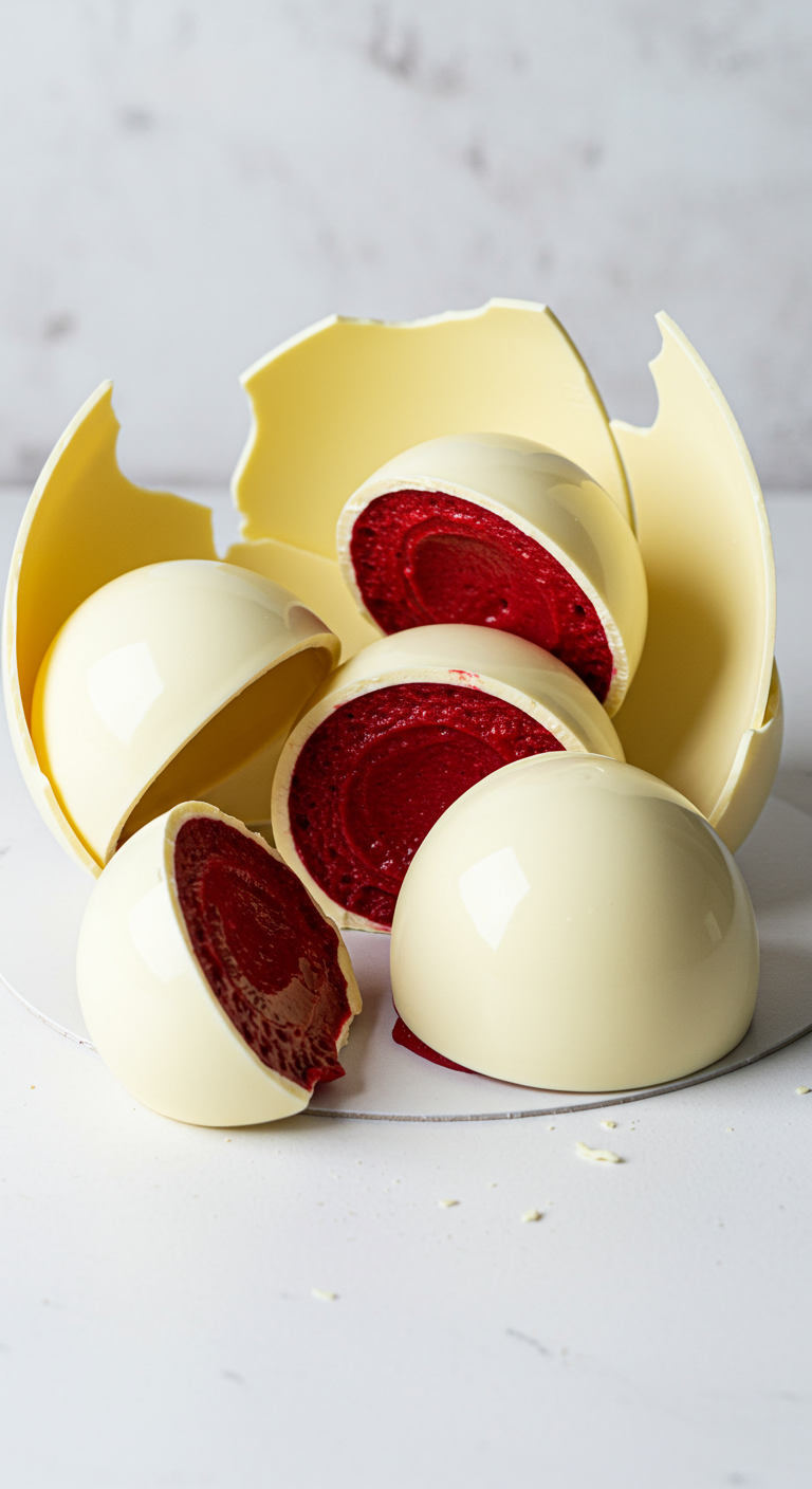 Zerbrochene weiße Schokokugel, gefüllt mit kleinen roten Samtkuchen-Halbkugeln.