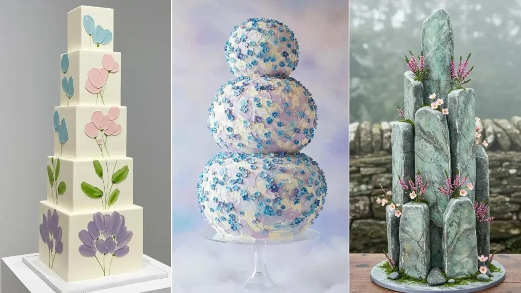 Drei Hochzeitstorten mit zarten Pastellblüten für eine romantische Frühlingshochzeit.