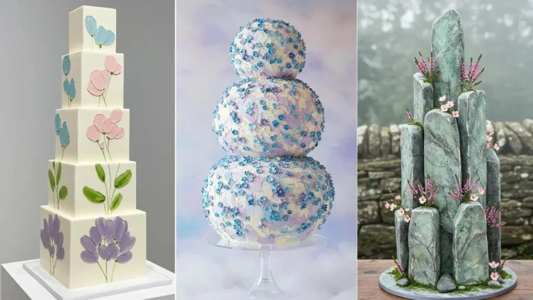 Drei Hochzeitstorten mit zarten Pastellblüten für eine romantische Frühlingshochzeit.