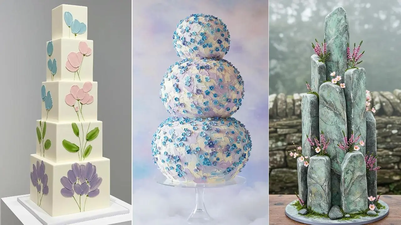 Drei Hochzeitstorten mit zarten Pastellblüten für eine romantische Frühlingshochzeit.