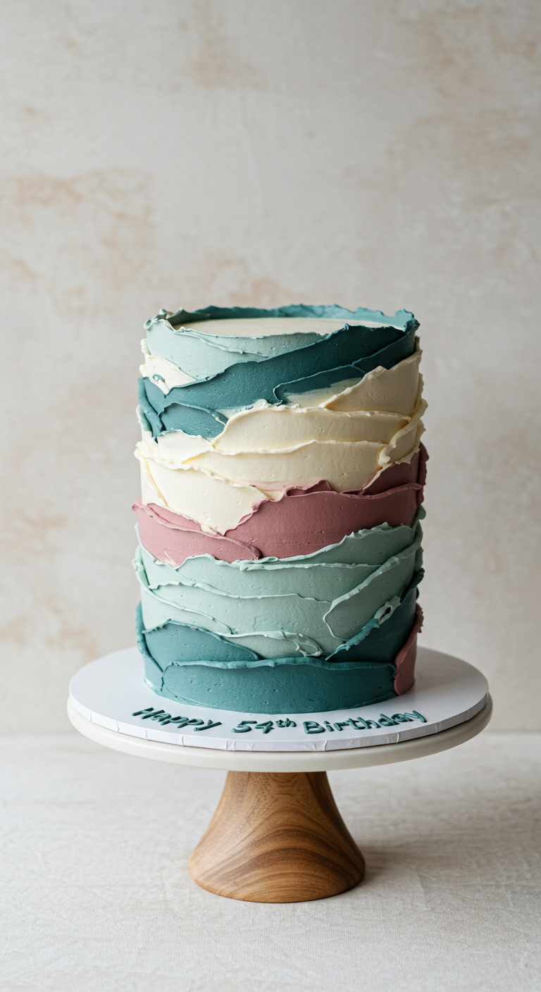 Hohe Torte mit abstrakten, pastelligen Farbflächen in Spachteltechnik und goldenem Schriftzug.