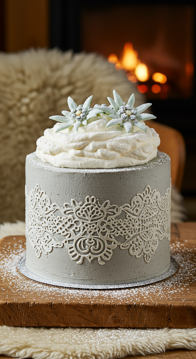 Graue Torte mit weißem Spitzenband und Edelweiß-Sahnetopping.