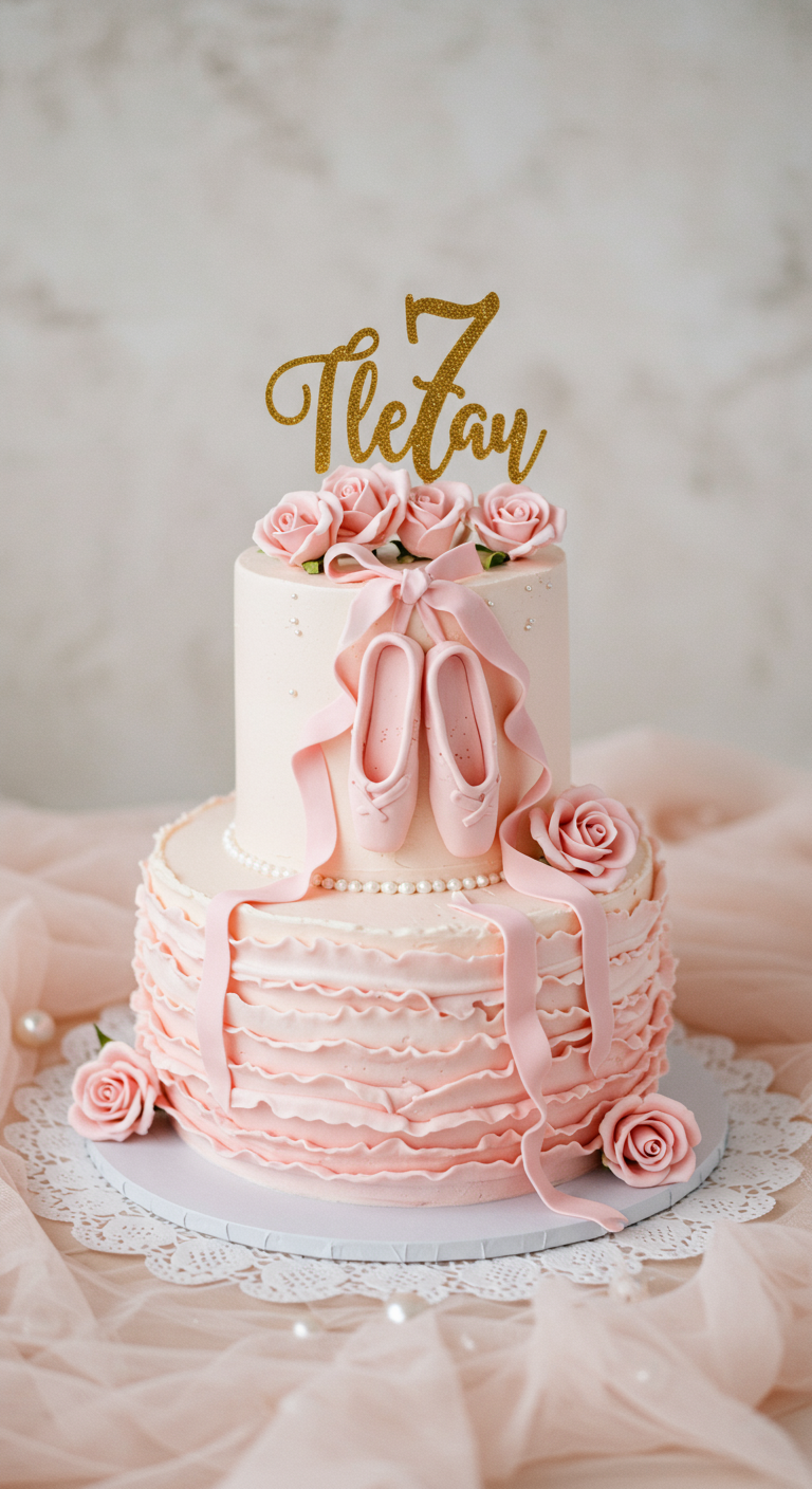 Zweistöckige rosa Ballerina-Torte mit Rüschen, Schleifen und Ballettschuhen.