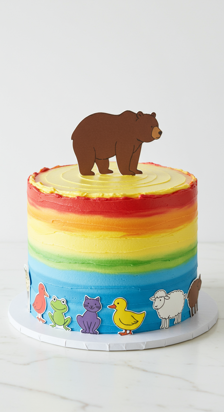 Regenbogen-Torte mit ausgeschnittenen Tierfiguren aus