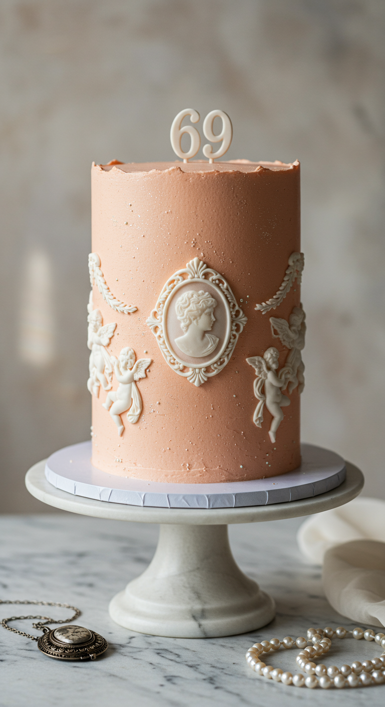 Pfirsichfarbene Torte mit weißen Cameo-Medaillons, Putten und Girlanden, Zahl 69.
