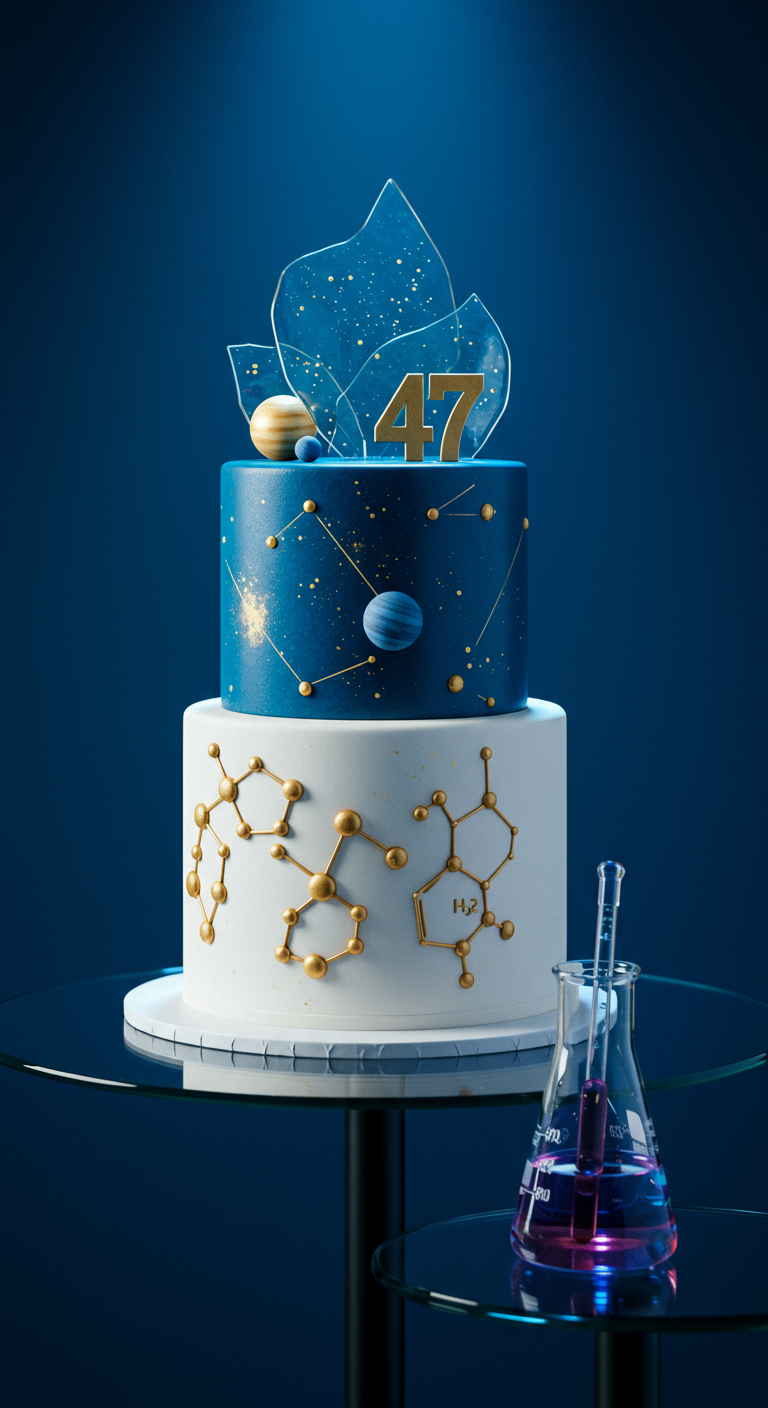 Zweistöckige Torte mit Wissenschafts-Thema: Moleküle, Planeten, goldene Zahl 47.