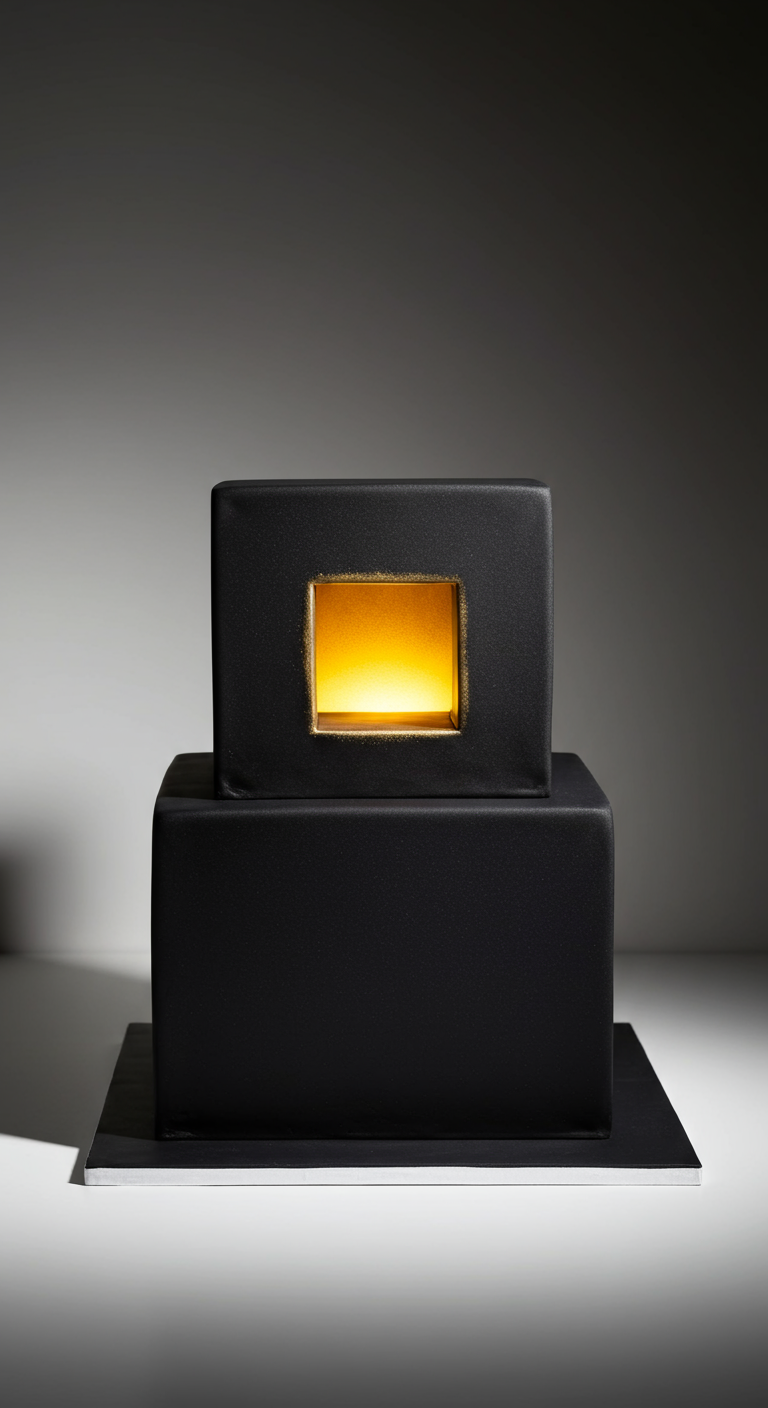 Zweistöckige schwarze rechteckige Torte mit einem leuchtenden gelb-orangen Fenster.
