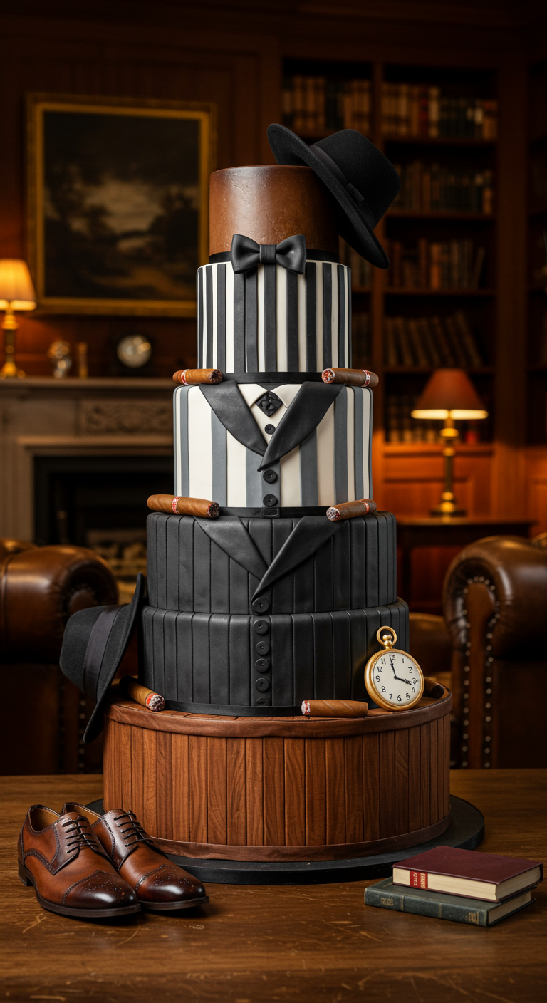 Mehrstöckige Torte im Stil eines Anzugs mit Hut, Zigarren und Taschenuhr.