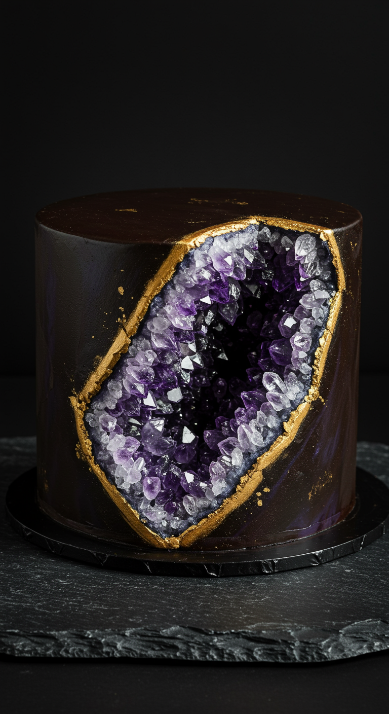 Dunkle Torte mit einer lila Kristall-Geode und goldenem Rand.