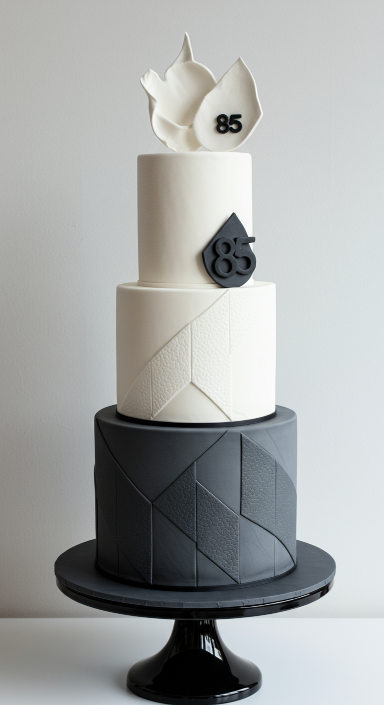 Dreistöckige Torte in Schwarz, Weiß und Grau mit verschiedenen geometrischen Mustern und Texturen.