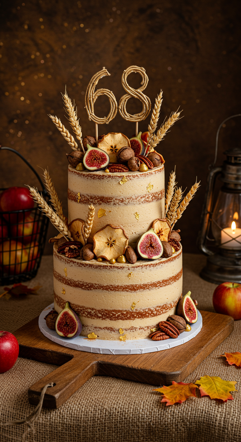 Zweistöckige rustikale Herbsttorte mit Nüssen, Feigen, Äpfeln, Ähren und