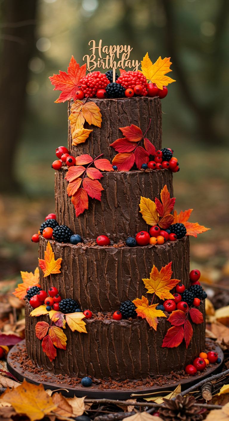 Mehrstöckige Schokoladentorte mit Herbstlaub und Beeren dekoriert.