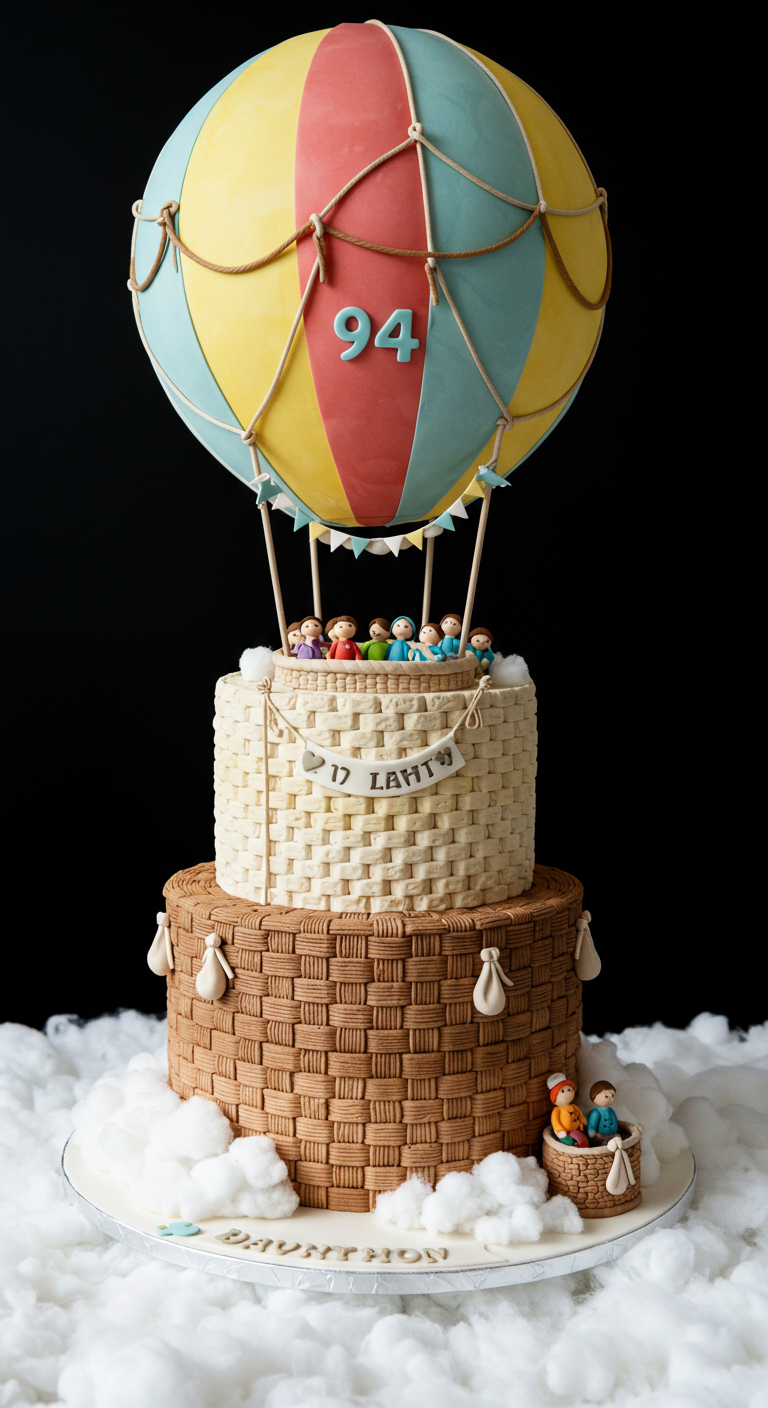 Zweistöckige Torte in Korboptik mit einem großen Heißluftballon und Figuren.