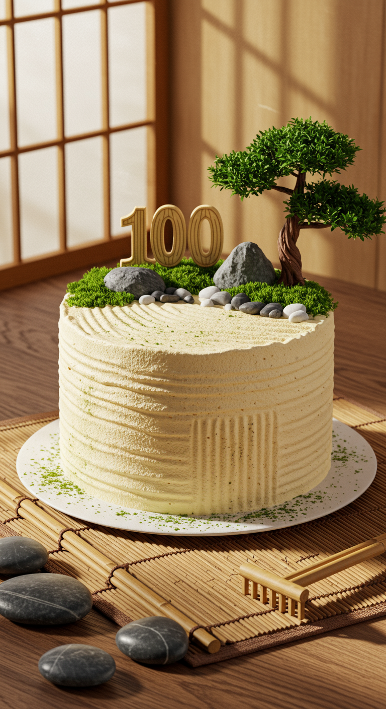 Cremefarbene Torte dekoriert als Zen-Garten mit geharktem Muster, Moos, Steinen und Bonsai.