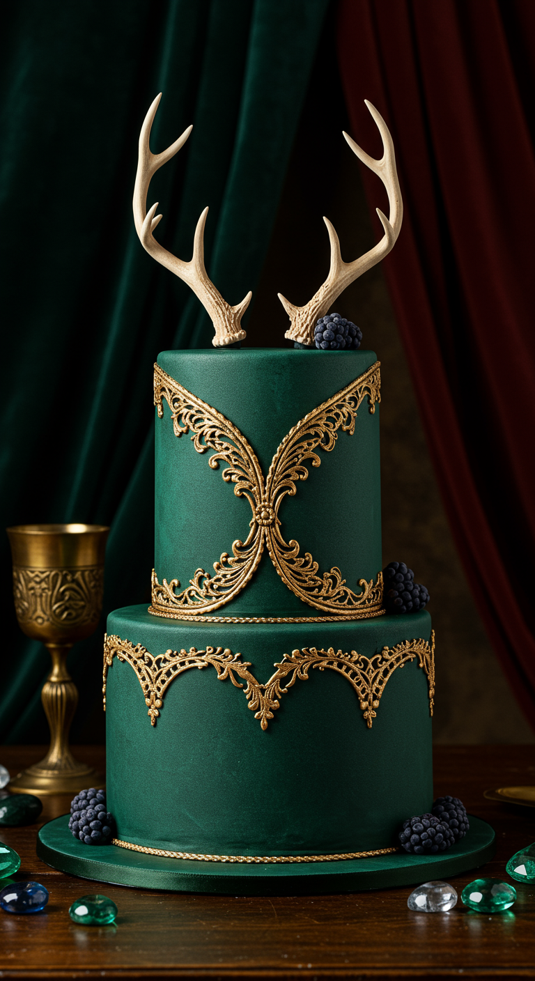 Zweistöckige smaragdgrüne Torte mit goldenen Ornamenten, einem Geweih und dunklen Beeren.