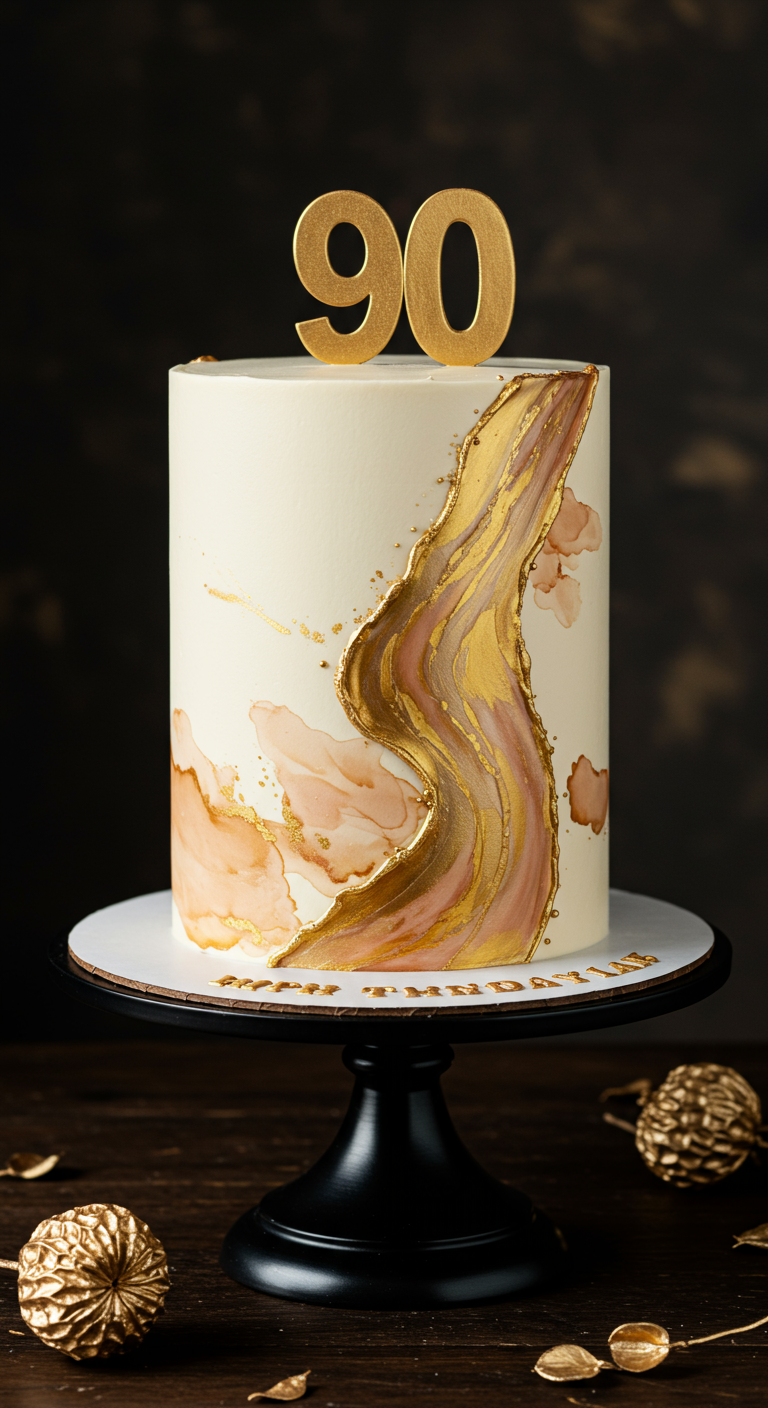 Hohe cremefarbene Torte mit einem eleganten, fließenden Karamell-Gold-Design.