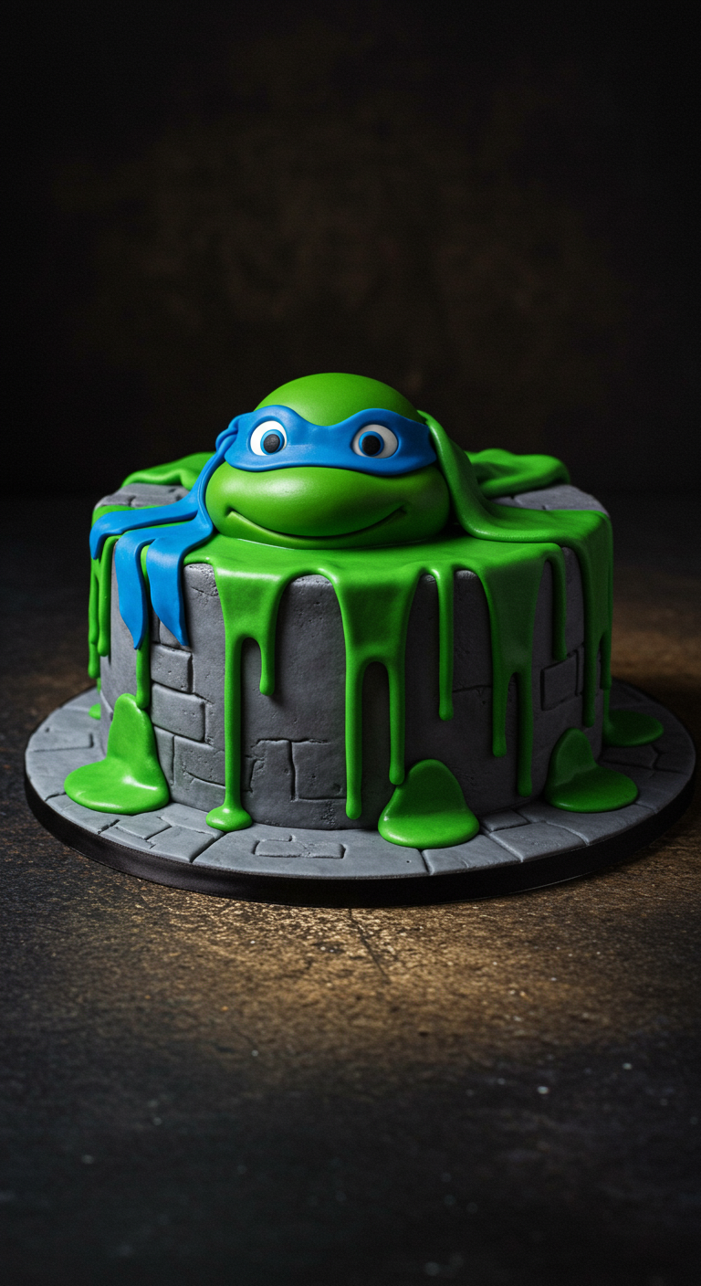 Ninja Turtle Torte mit grünem Schleim und blauer Maske auf Gullydeckel-Optik.