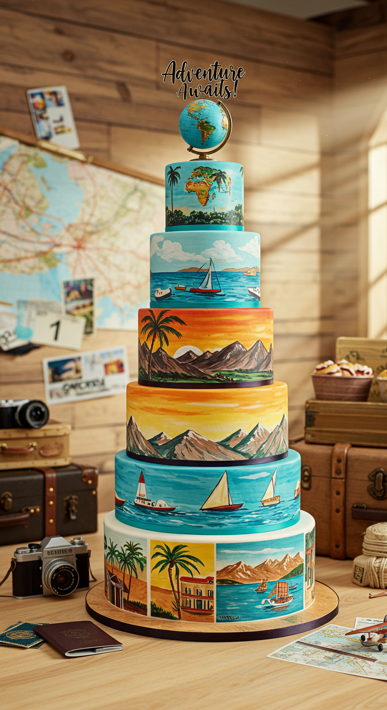 Mehrstöckige Torte mit handgemalten Reiseszenen von Palmen, Meer und Bergen, Globus-Topper.