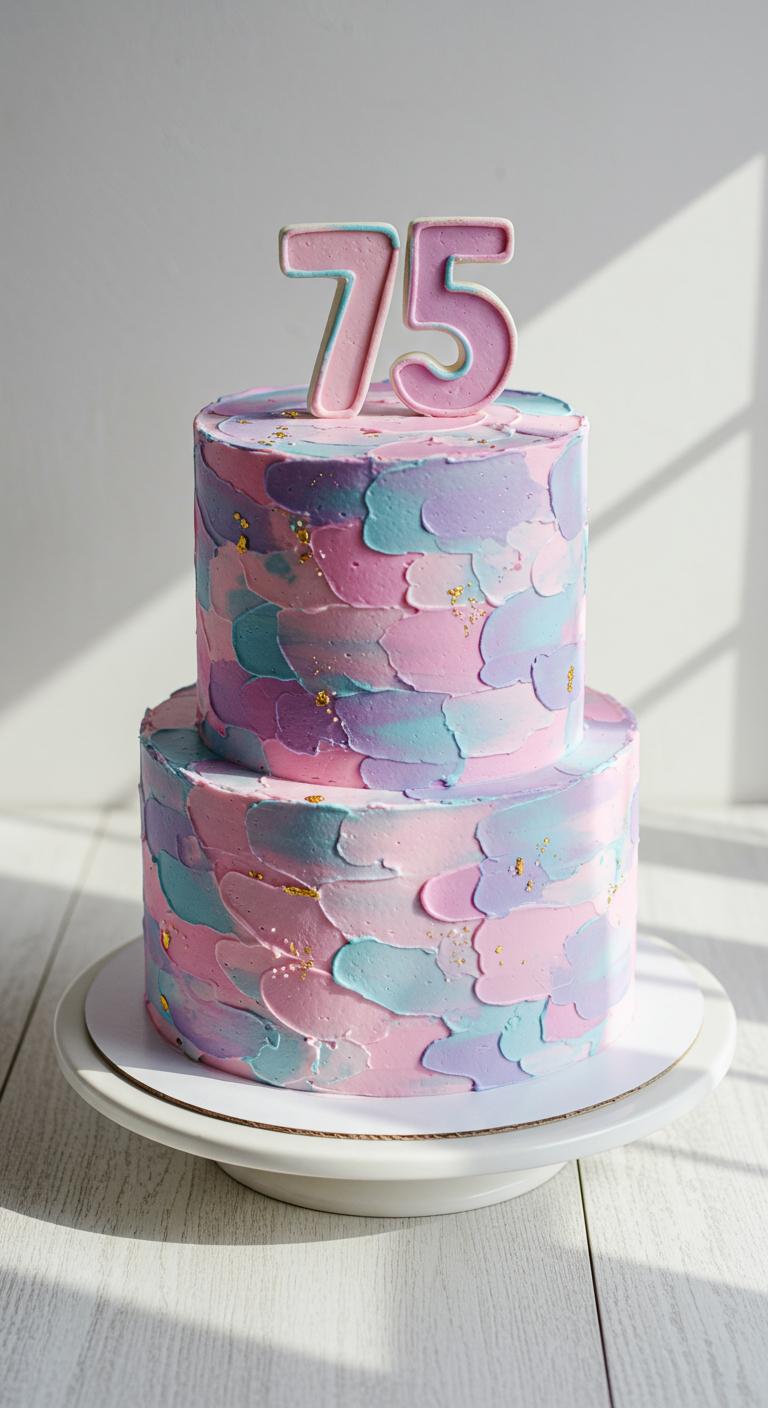 Zweistöckige Torte mit pastellfarbenen Buttercreme-Tupfern in Aquarell-Optik und 75-Keks-Topper.