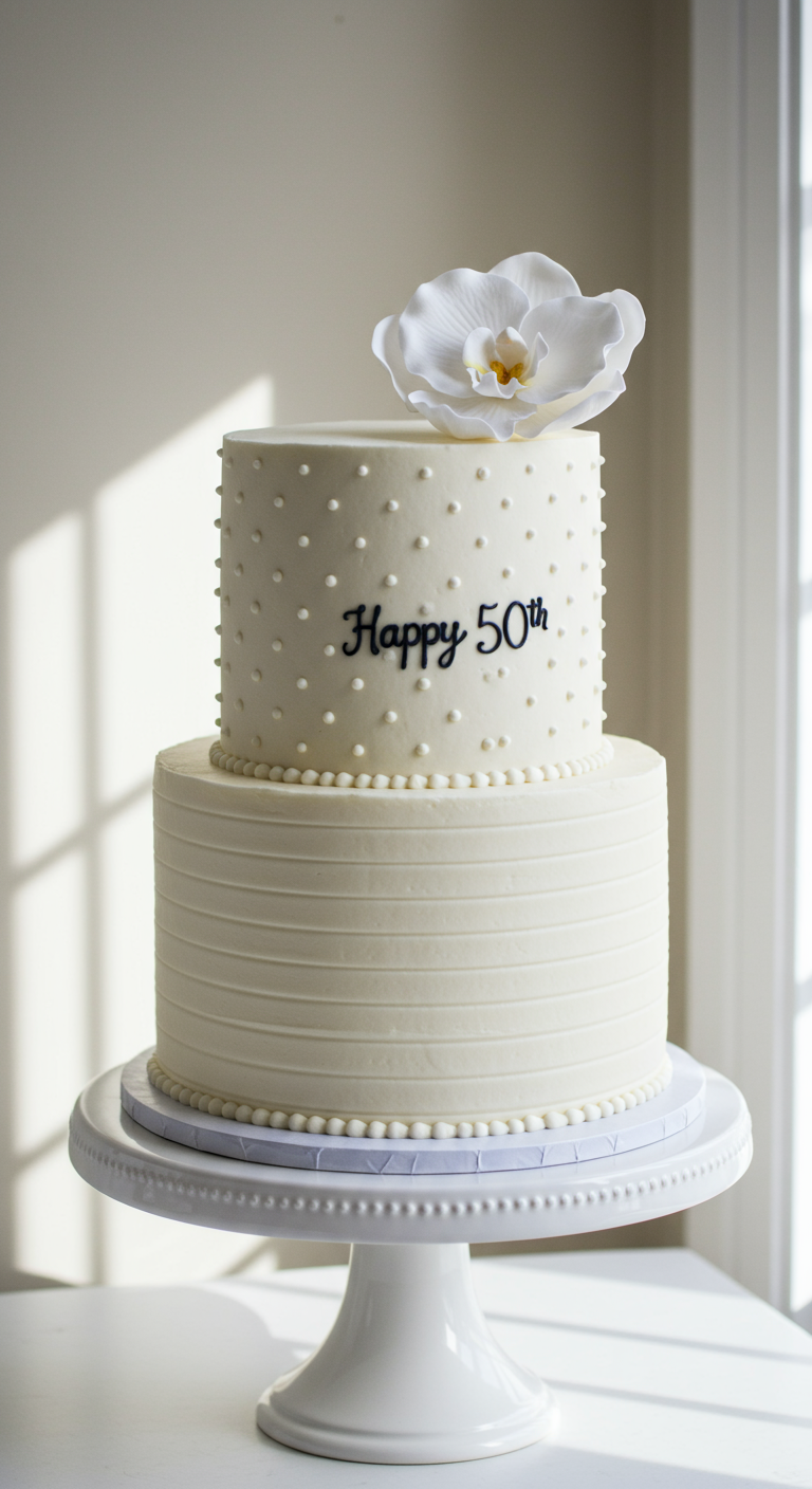 Zweistöckige weiße Torte mit Perlen, Linienstruktur und weißer Orchidee, 'Happy 50th'.