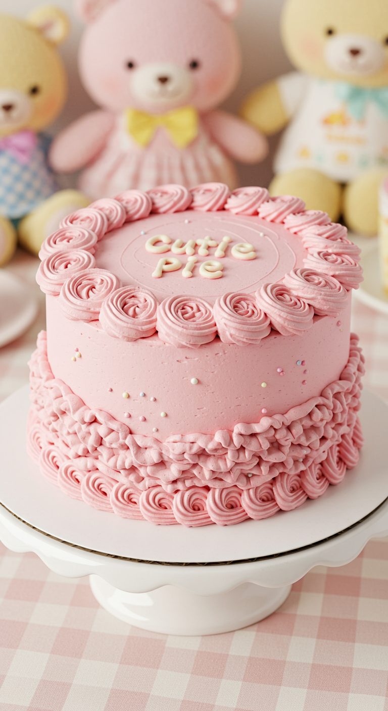 Rosa Buttercreme-Torte mit Rüschen am Rand, Rosetten obenauf und 'Cutie Pie'-Schrift.