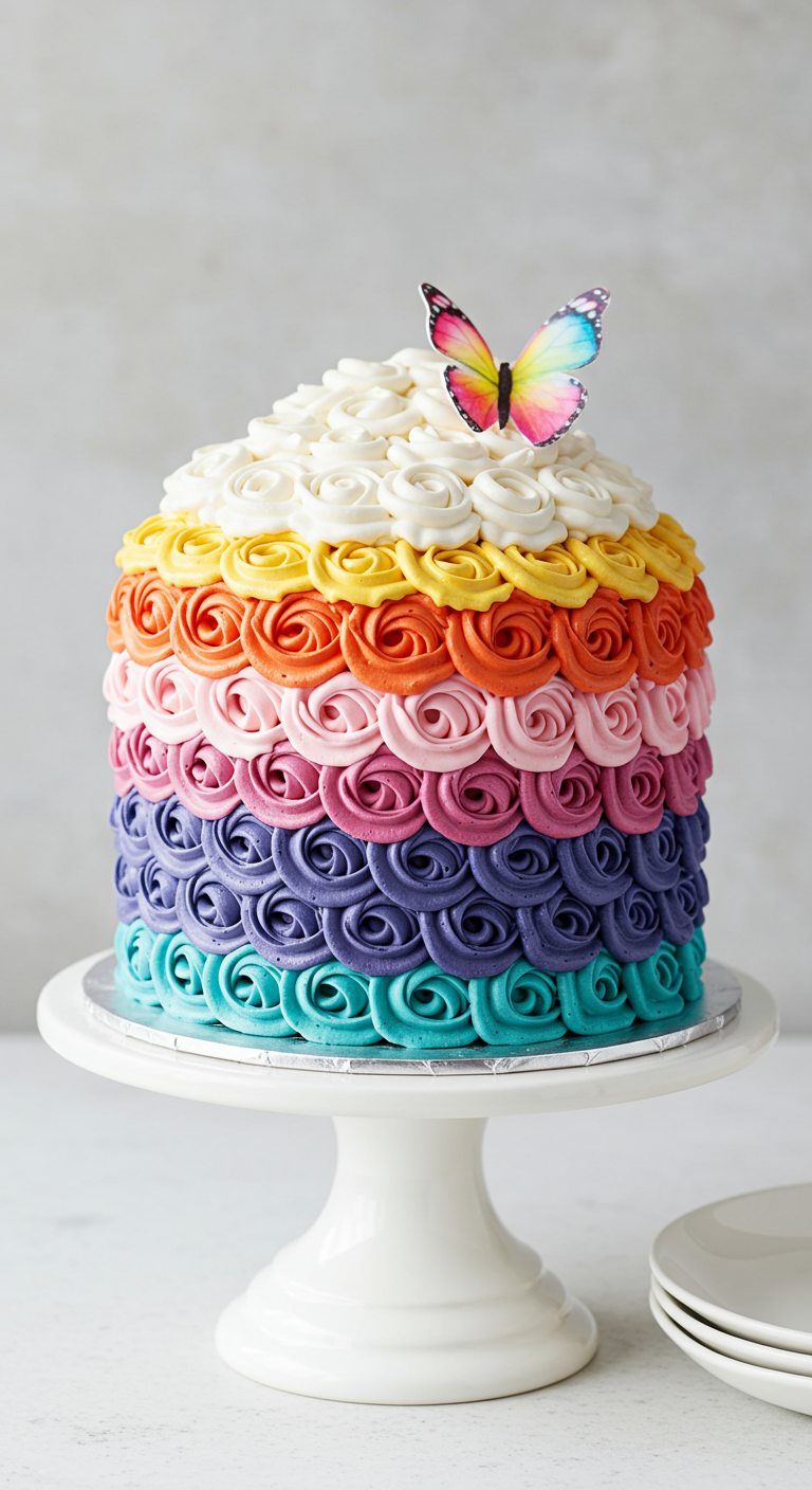 Torte komplett mit Buttercreme-Rosetten in Regenbogenfarben bedeckt, Schmetterling-Topper.